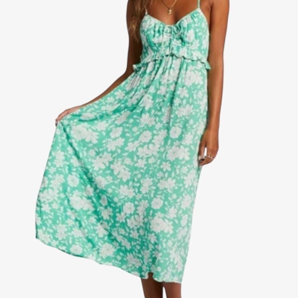 Billabong Rebel Heart Floral Crinkle Slip Dress S Ruffle Strappy Beachy Midi